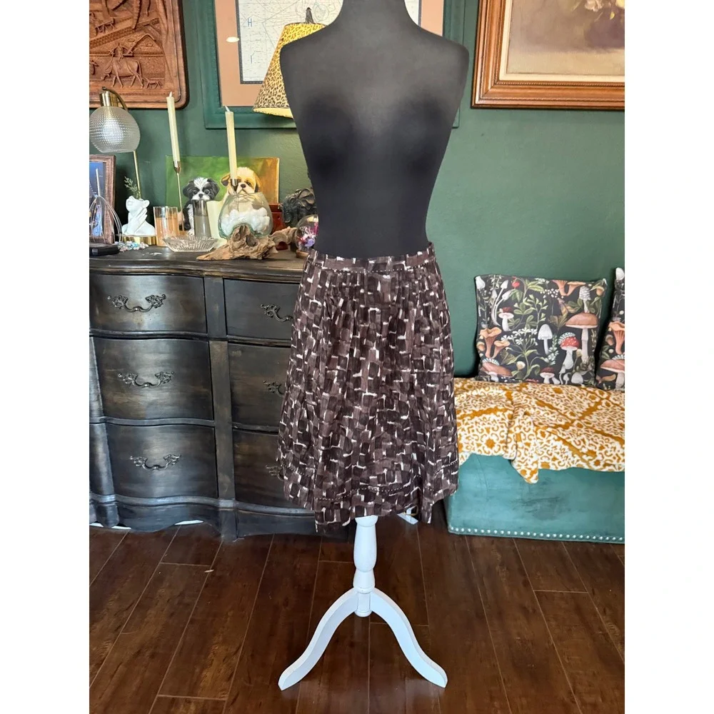 Elie Tahari Brown Abstract Geometric Pleated A-Line Skirt Knee Length Womens